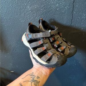Kids Keen Gray and Black Outdoor Sandals with Orange Accents